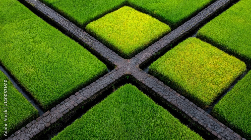Poster geometric top view of vibrant green patterned grass fields forming gridlike abstract agricultural st