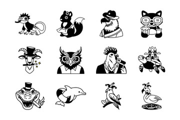black and white fancy animals illustration icon collection