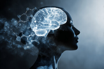 Conceptual portrait showing woman's brain biochemistry with graphic elements of neural and chemical activity