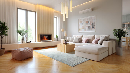 Light relaxing room interior with sofa and armchair, Hampton style living room interior with frame mockup, 
