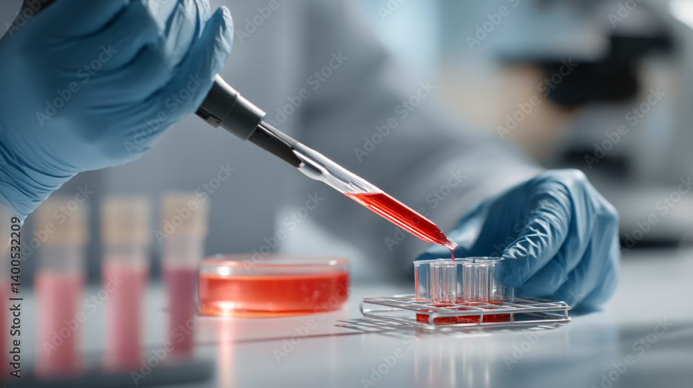 Poster a gloved hand using a pipette to transfer red liquid into small test tubes in a laboratory setting