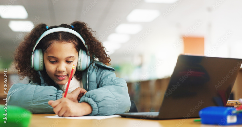 Poster student, girl and headphones with laptop for writing, e learning or online class for knowledge. virt