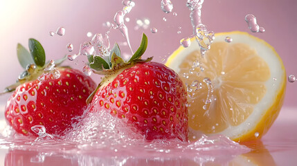 Bursting fruit! A vibrant strawberry and lemon create a refreshing splash against a soft pink backdrop