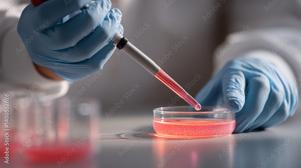 Poster a scientist in blue gloves adding liquid to a petri dish in a laboratory setting close up view