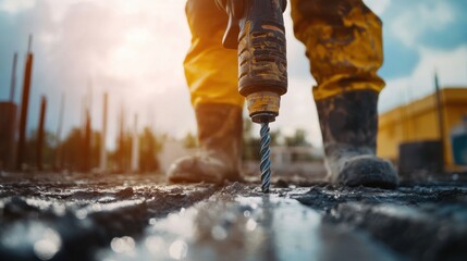 Construction worker drilling into concrete for anchor installation. Featuring technical skill and accuracy