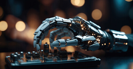 Robotic Hand Interacting. A robotic hand delicately maneuvers small components on an intricate circuit board. Conveys innovation, technology, and the precision of artificial intelligence engineering.