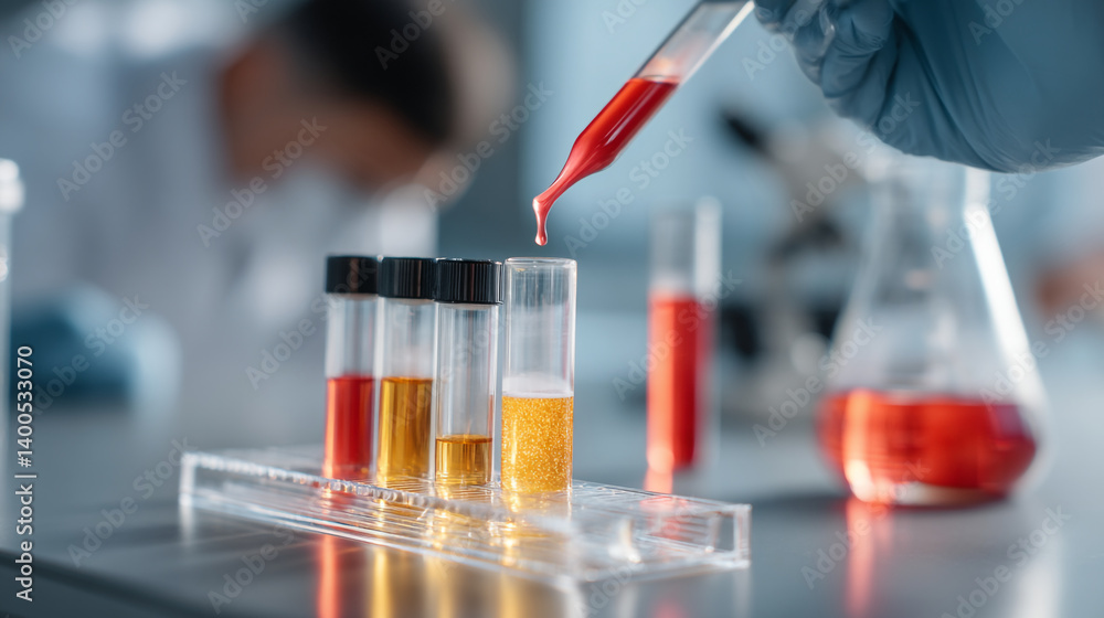 Poster close up of red liquid dripping from pipette into test tube in a laboratory setting with flasks