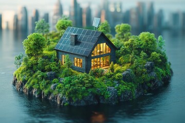 Obraz premium A modern, eco-friendly house with solar panels on an island surrounded by a vibrant city skyline at dusk