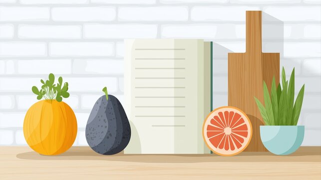 Fresh Ingredients on Kitchen Counter with Cookbook and Wooden Board for Culinary Inspiration