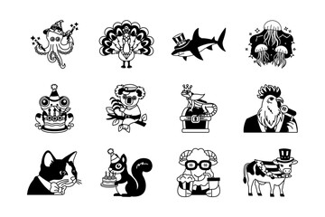 Obraz premium black and white fancy animals illustration icon collection