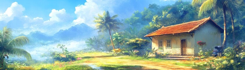 Fototapeta premium Peaceful Rural Landscape with Humble Home