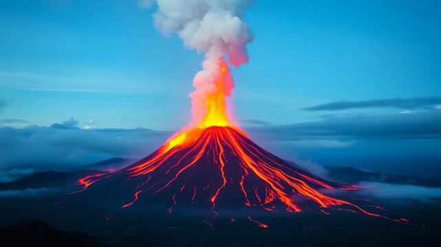 Erupting Volcano with Lava Flow and Dramatic Blue Sky Background