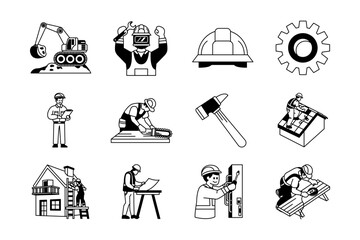 black and white construction and worker icon collection
