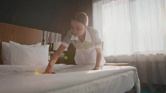 Female housekeeper in uniform smoothing bed linens in hotel room filled with bright sunlight