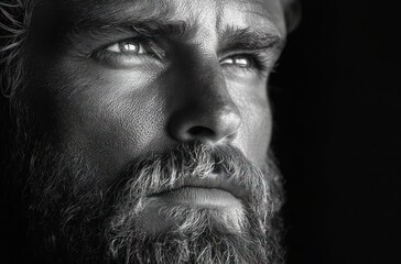 Obraz premium Bearded man with trendy hairstyle in black and white, stylish male portrait with dramatic lighting and centered composition