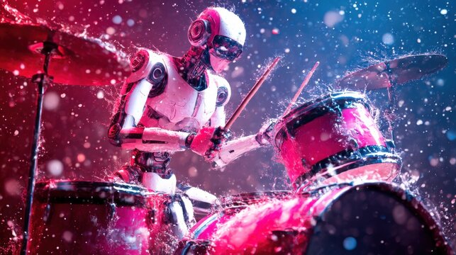 Robot Android Delivers an Electrifying Drum Performance With Dynamic Splashes at a Futuristic Rock Concert Generative AI