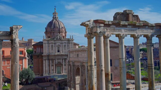  Roman Forum. Rome, Italy. Movement of tourists around the forum area on a sunny day. Timelapse