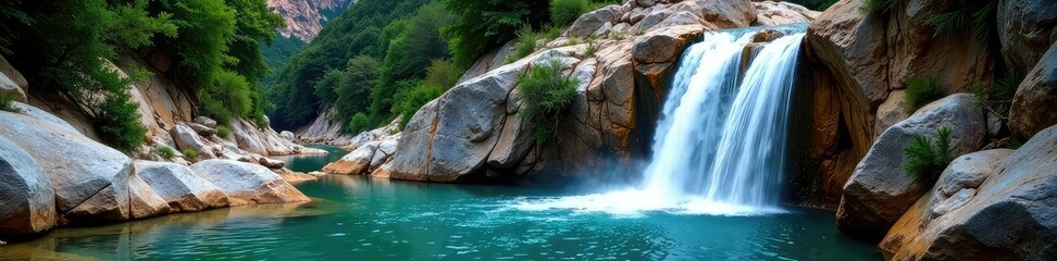 Fototapeta premium Waterfall cascading down the slope of Imbros Gorge in Crete, natural scenery, crystal clear water, rocky terrain