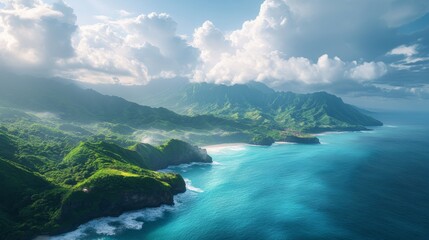 Fototapeta premium Aerial View of Lush Green Mountains Meeting the Turquoise Ocean