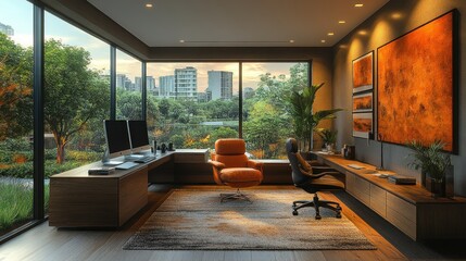 Fototapeta premium Serene Modern Home Office with Panoramic City Views