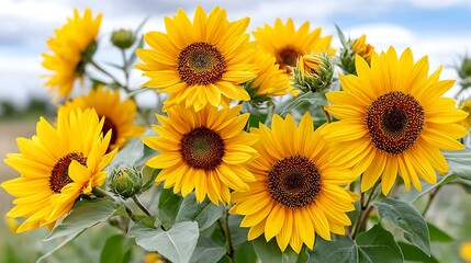 Obraz premium Vibrant Yellow Sunflowers Blooming in a Summer Field Close Up View