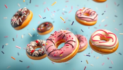 colorful donuts, floating, sprinkles, turquoise background, dynamic composition, realistic textures, vibrant colors, frosted, glazed, variety of flavors, confectionery, pastry, dessert