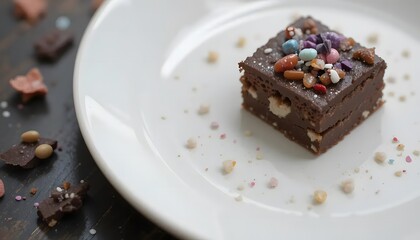 A decadent double-layer brownie, generously topped with colorful sprinkles and crunchy nuts, a delightful treat perfect for a celebratory occasion, presented on a pristine white plate.
