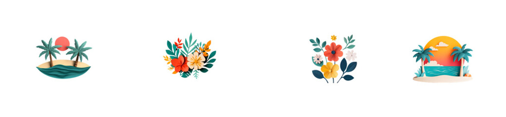 Tropical illustrations featuring sunsets, flowers, and palm trees
