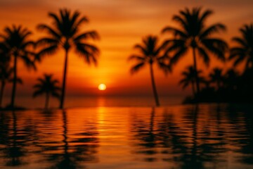 Sunset Over a Tranquil Pool With Silhouetted Palm Trees Creating a Serene Tropical Atmosphere