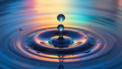 A single drop's tranquil impact creating mesmerizing concentric ripples, bathed in warm sunset hues.