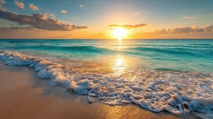 Obraz premium Panoramic View of a Tranquil Beach at Sunset With Golden Hues Reflecting on the Water Surface Generative AI