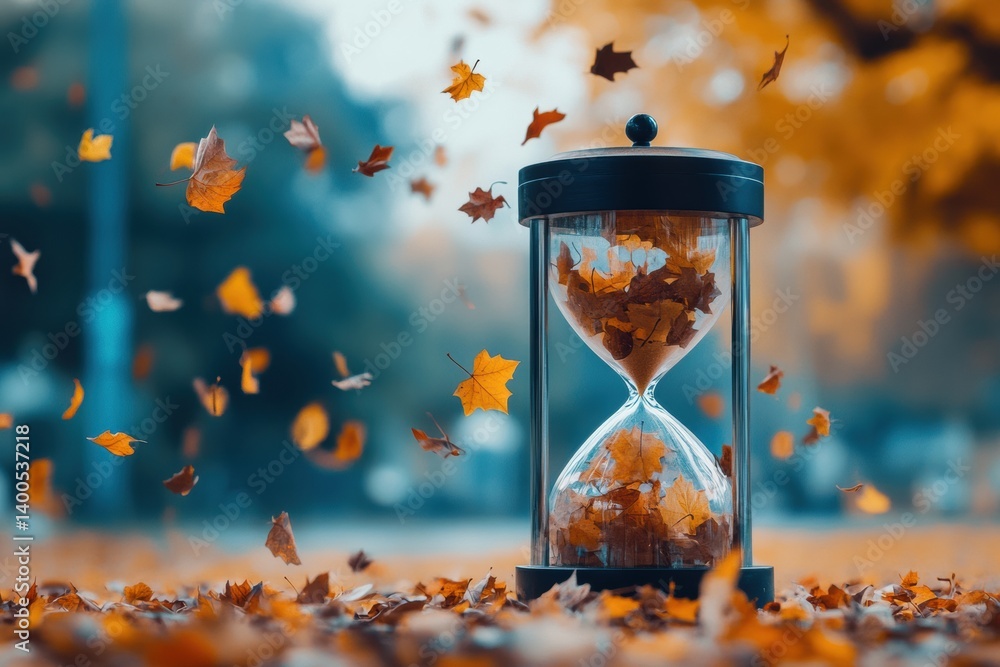 Poster hourglass with falling leaves symbolizes the passage of natural time in an autumn setting surrounded