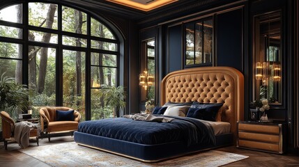 Obraz premium Luxury Master Bedroom Design: Opulent Interior with Forest View