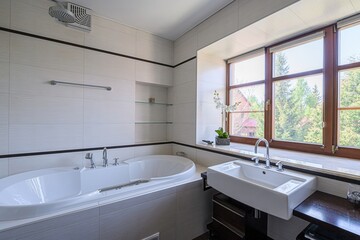 interior apartment room bathroom, sink, decorative elements, toilet