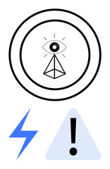 Eye with triangle and ray details inside concentric circles, blue lightning bolt, and warning triangle. Ideal for vision, awareness, caution, insight, alertness focus and decision-making. Flat