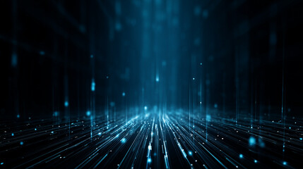 A vibrant digital landscape featuring a grid of neon blue and  technology, cartoon rendering against a dark background featuring a star horizon cyberspace grid hi tech network