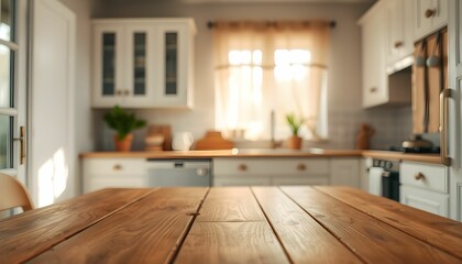 Wooden table surface in foreground, blurred kitchen background, bright window light, white cabinets, wooden countertops, floating shelves, minimalist kitchen design, soft focus