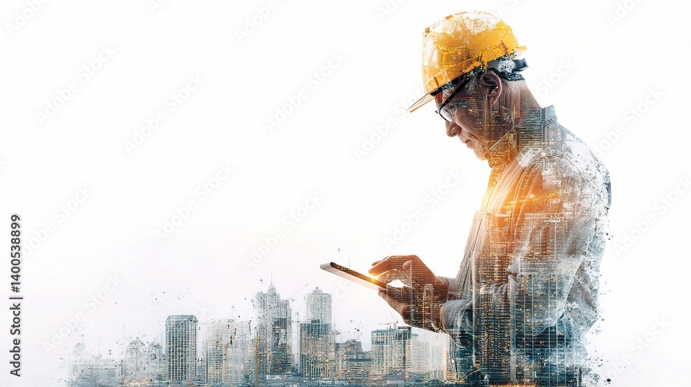 Poster future building concept with construction worker using digital tablet