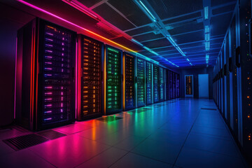 Row of servers in data center with blinking lights and cables neatly organized, creating a techy and futuristic atmosphere.