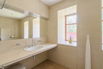 interior apartment room bathroom, sink, decorative elements, toilet