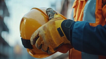 Construction worker inspecting safety equipment on site. Featuring vigilance and responsibility
