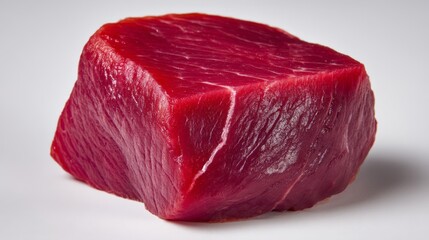 Obraz premium Raw red meat piece placed on blue surface under neutral lighting emphasizing freshness protein content culinary preparation and animal product in isolated setting