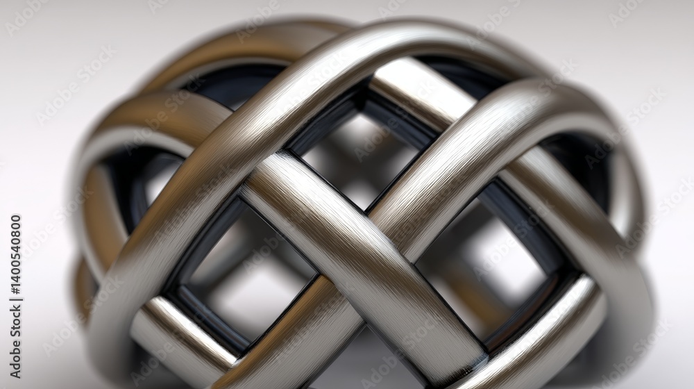 Poster interwoven metallic object with polished loops forming symmetrical knot on gray background symbolizi