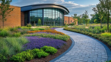 Obraz premium Modern building with beautifully landscaped gardens and a curving pathway.