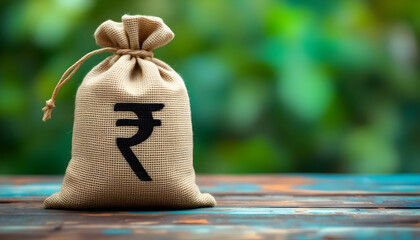 Indian Rupee Bag on Wooden Table with Natural Background - Symbolizing Savings, Wealth, and Economic Growth - Perfect for Financial and Investment Concepts