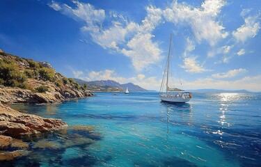 Sailboats in Tranquil Coastal Landscape of Cala Coticcio Caprera Sardinia Italy