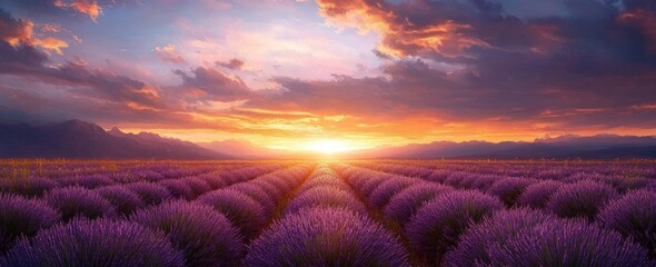 lavender sunset field blooming flowers landscape garden impressionist view