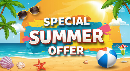 Special summer offer banner illustration with beach scene, perfect for travel promotions, holiday sales, and seasonal advertising