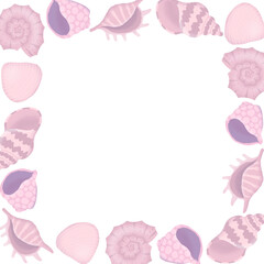 Hand drawn purple seashells square frame. Design element for for greeting card, invitation, decor	
