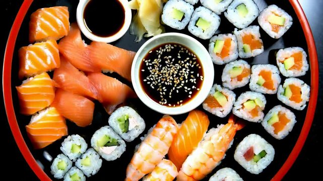 Top-down view of a diverse sushi platter: maki rolls, salmon/shrimp nigiri, soy sauce. For Japanese restaurant ads or food sharing visuals. A feast for the eyes. 4k 60 fps.